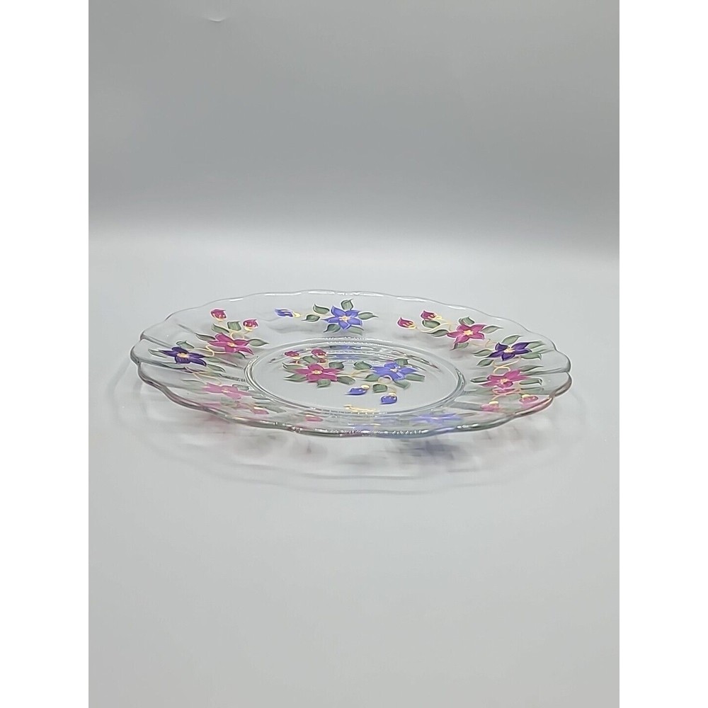 Art Glass Serving Dish Plate Signed Reverse Hand Painted Flowers Floral 9" - Picture 8 of 11